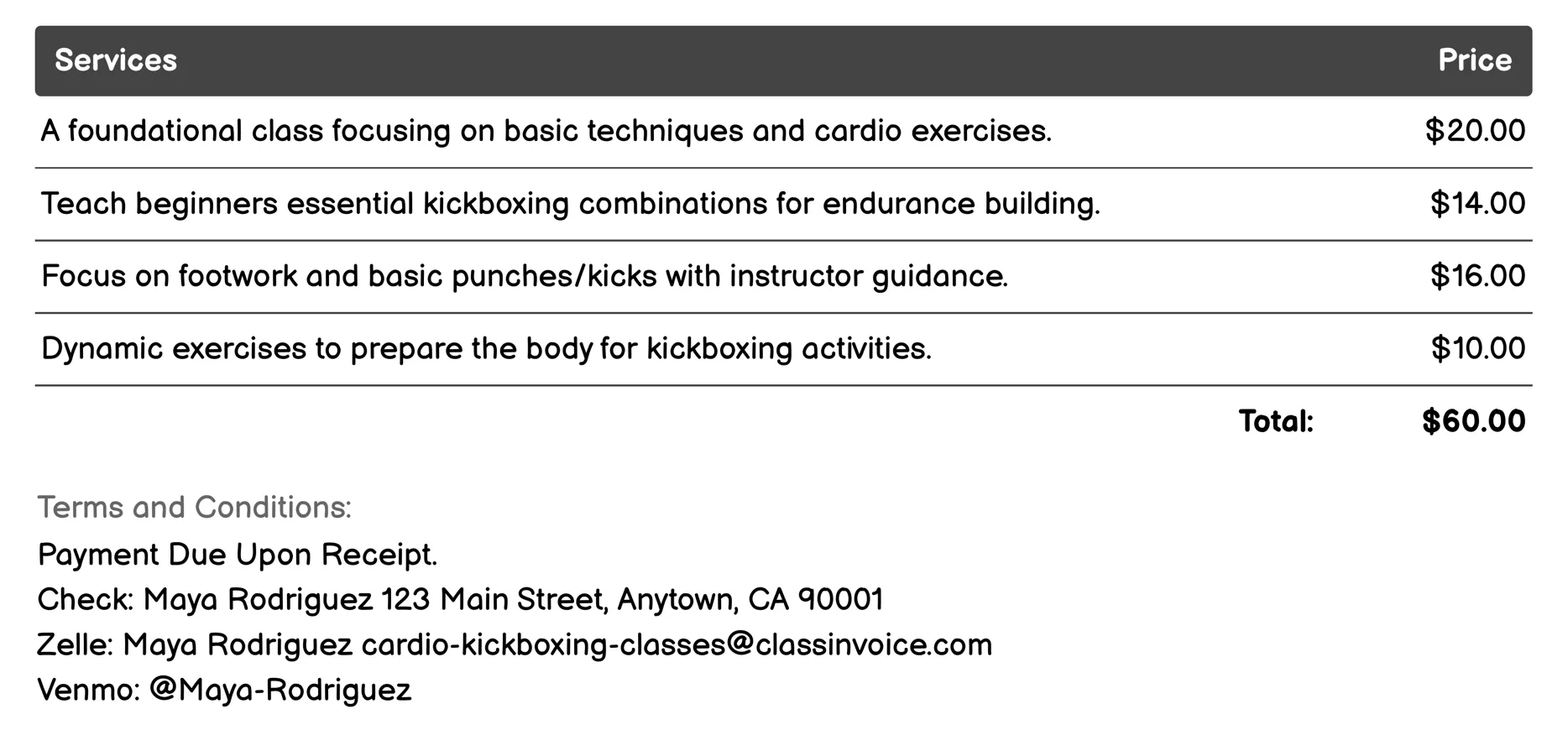 Beginner Cardio Kickboxing Invoice Example