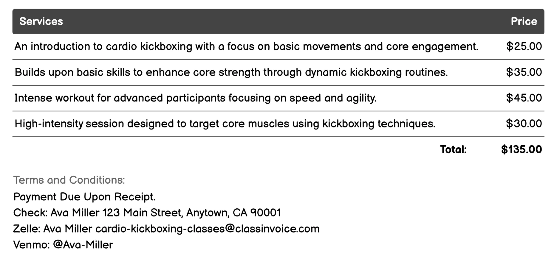 Core Strengthening Cardio Kickboxing Invoice Example