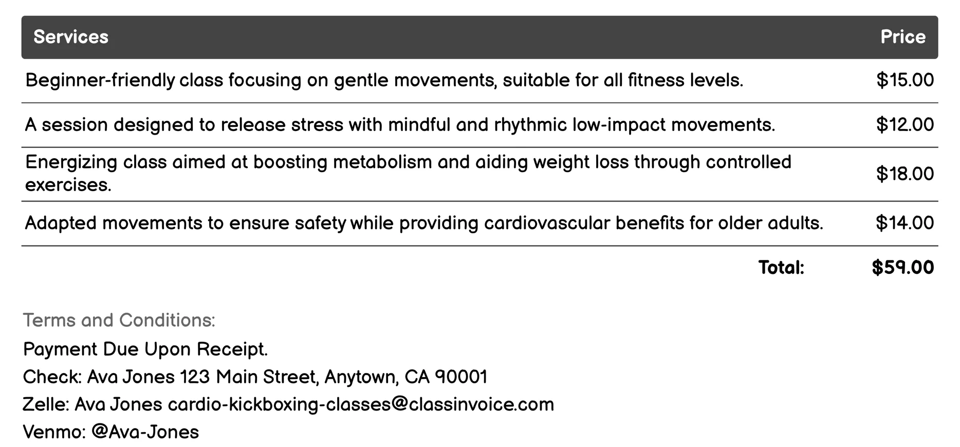 Low-Impact Cardio Kickboxing Invoice Example