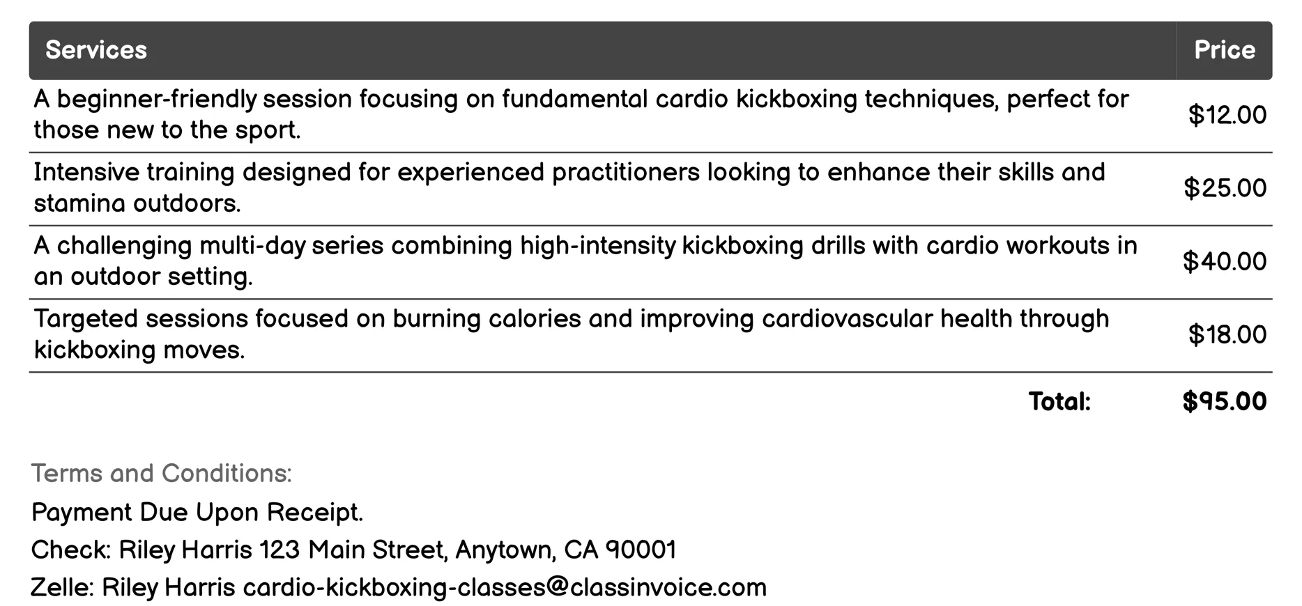 Outdoor Cardio Kickboxing Invoice Example
