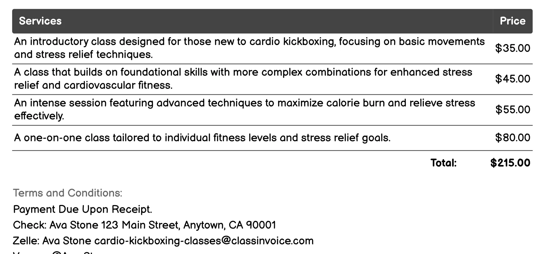 Stress Relief Cardio Kickboxing Invoice Example