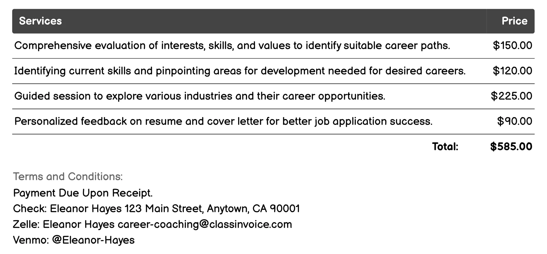 Career Path Exploration Invoice Example