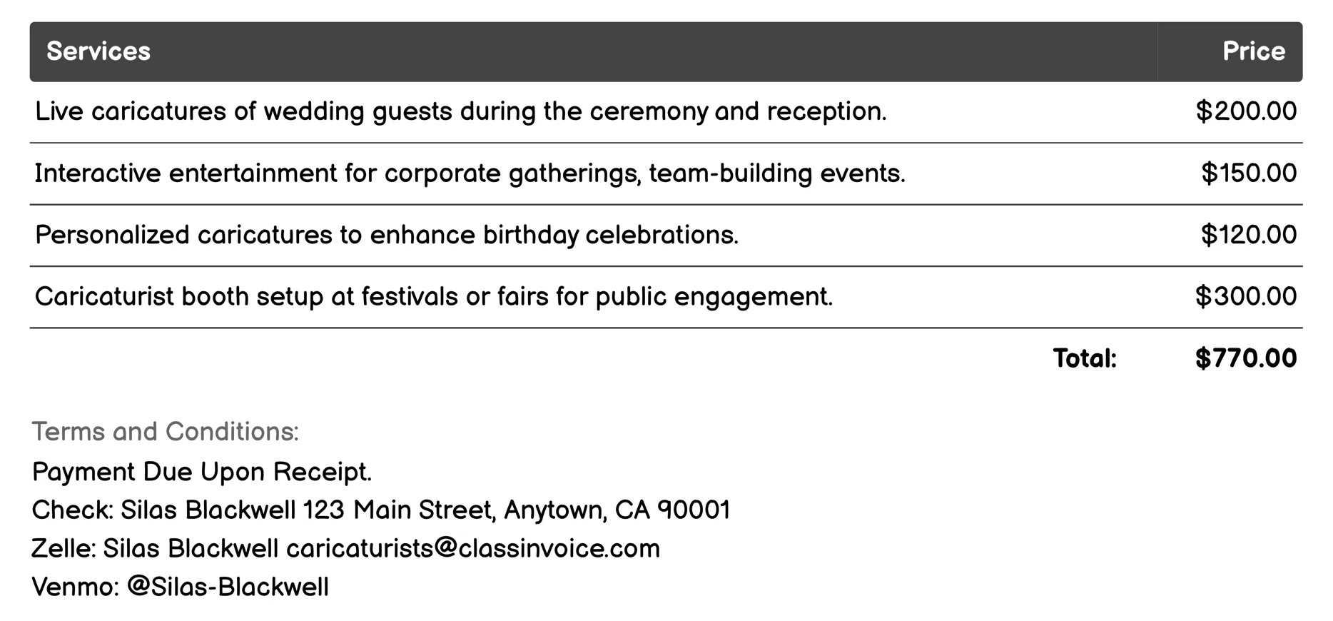 Live Performance Invoice Example