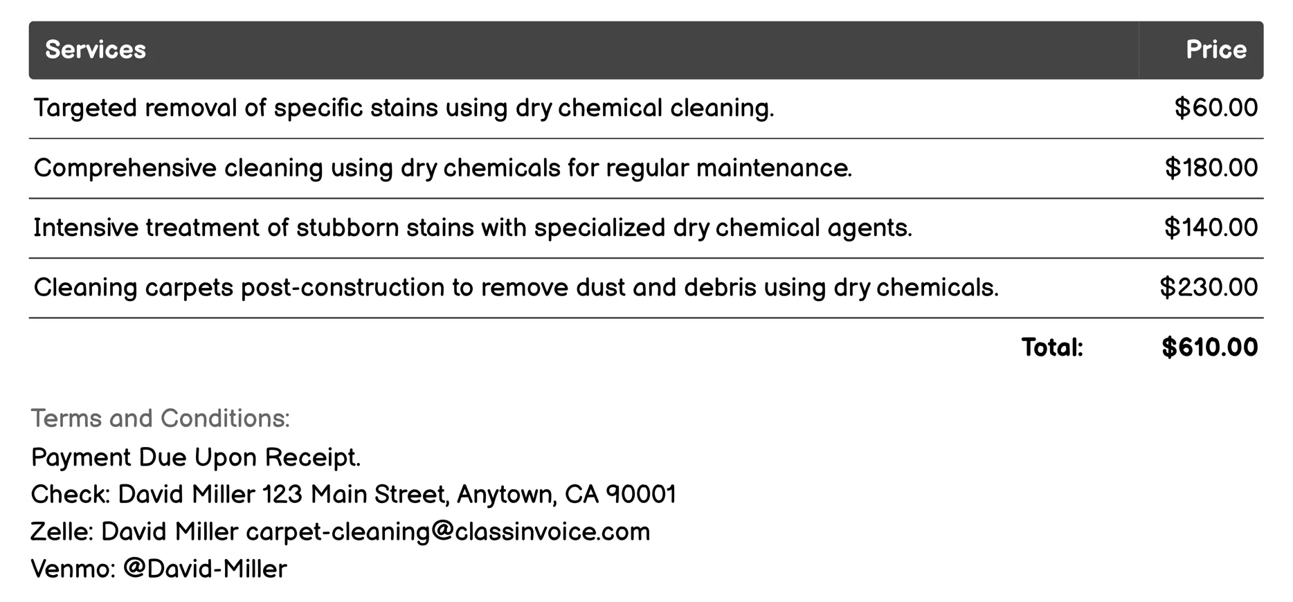 Dry Chemical Cleaning Invoice Example