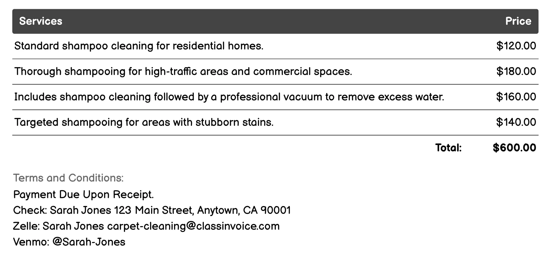 Shampoo Cleaning Invoice Example