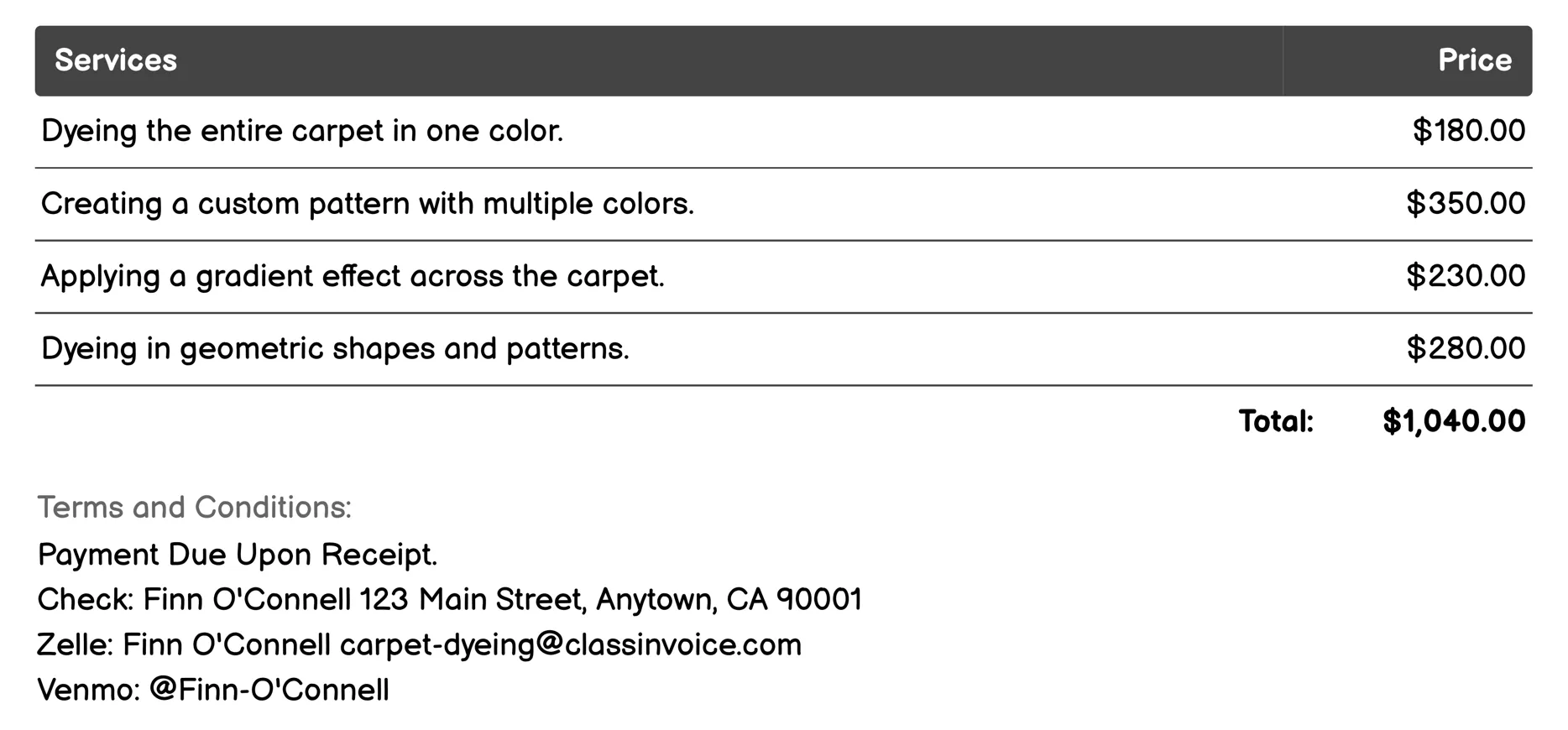 Custom Pattern Dyeing Invoice Example