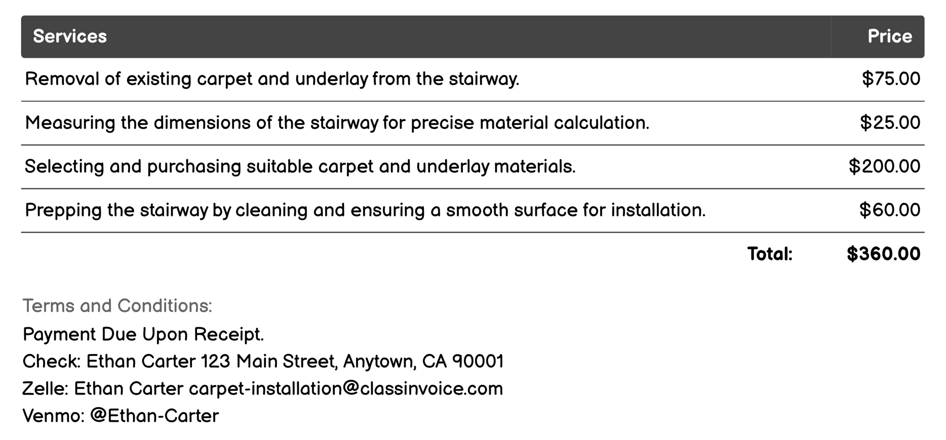 Stairway Carpet Installation Invoice Example
