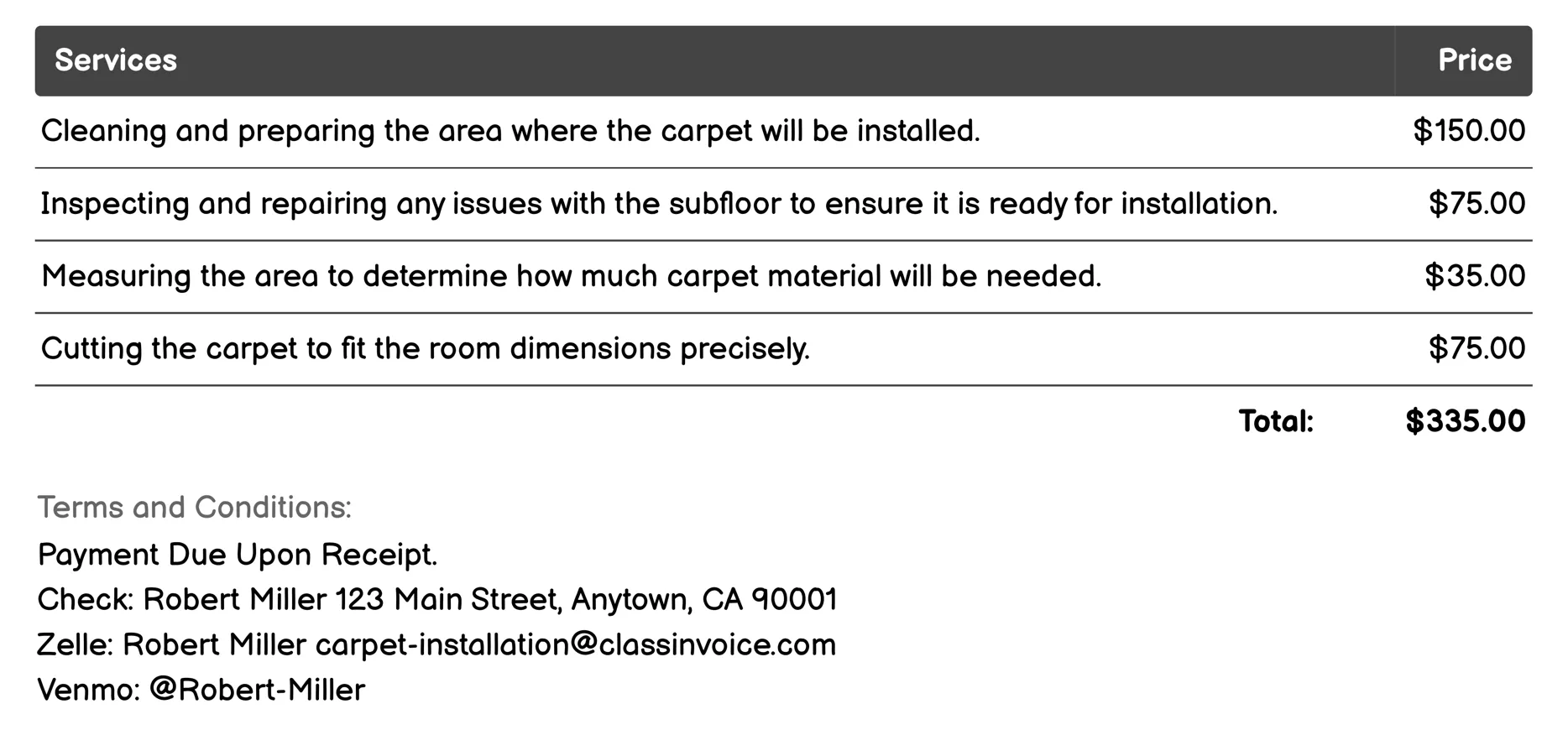Standard Carpet Installation Invoice Example