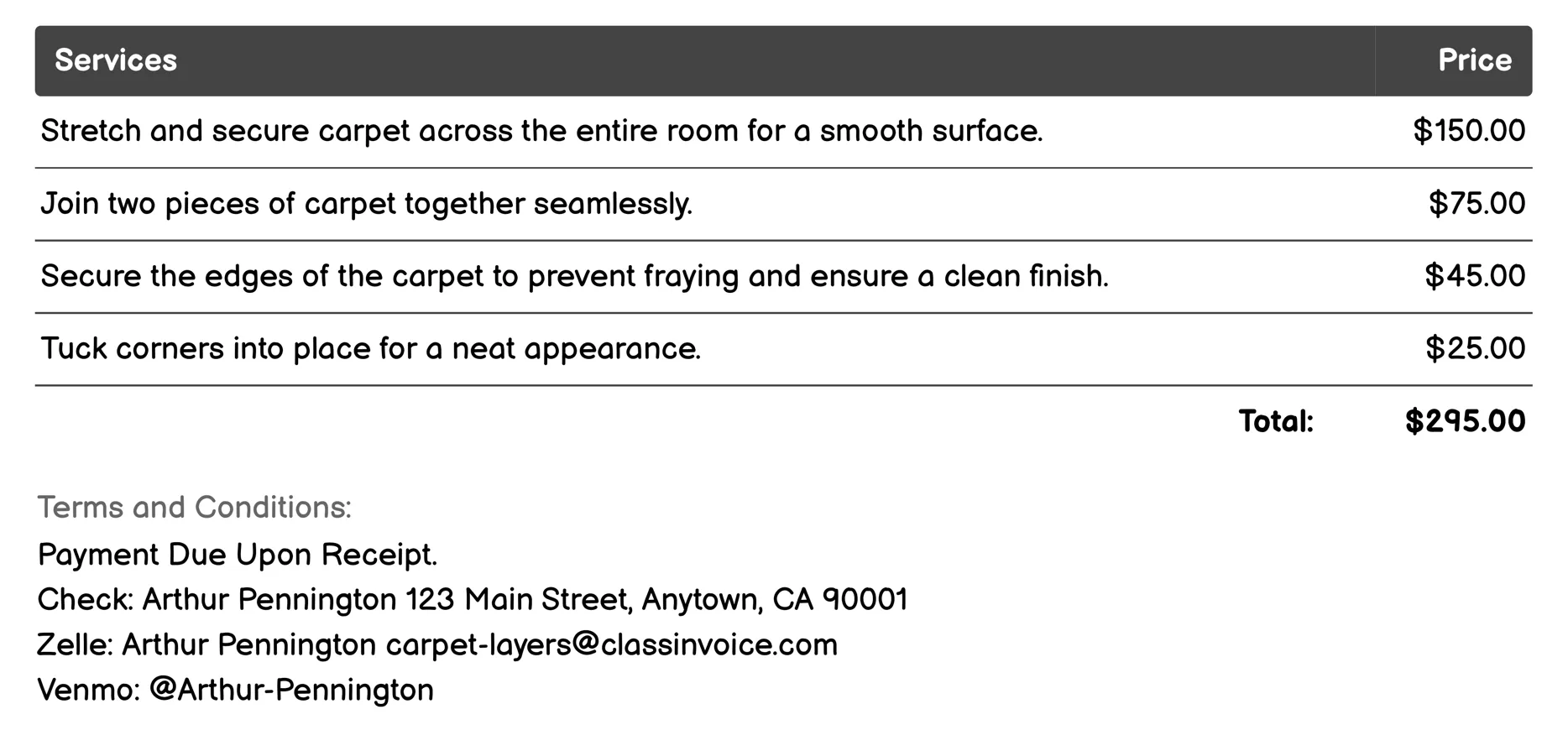 Carpet Stretching and Seaming Invoice Example