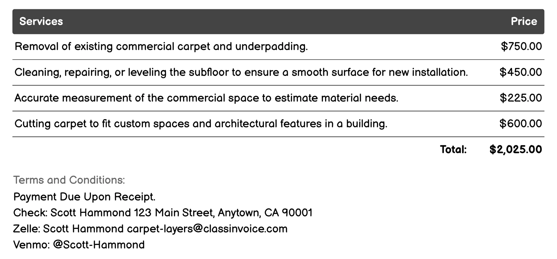 Commercial Carpet Installation Invoice Example