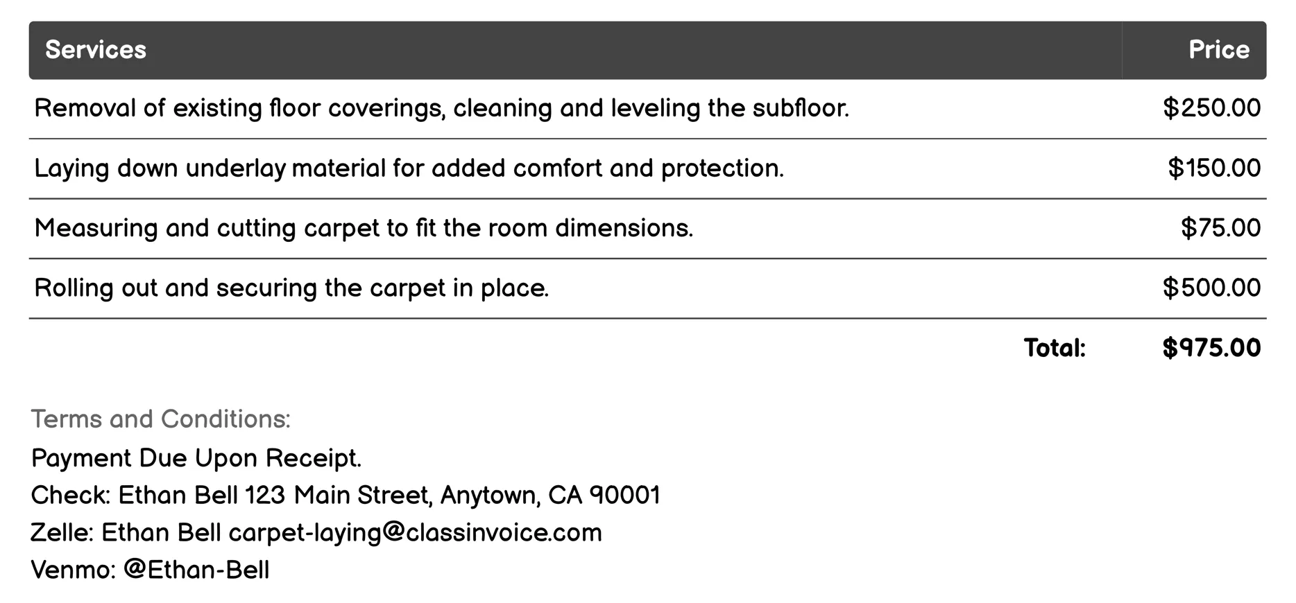 Standard Carpet Installation Invoice Example