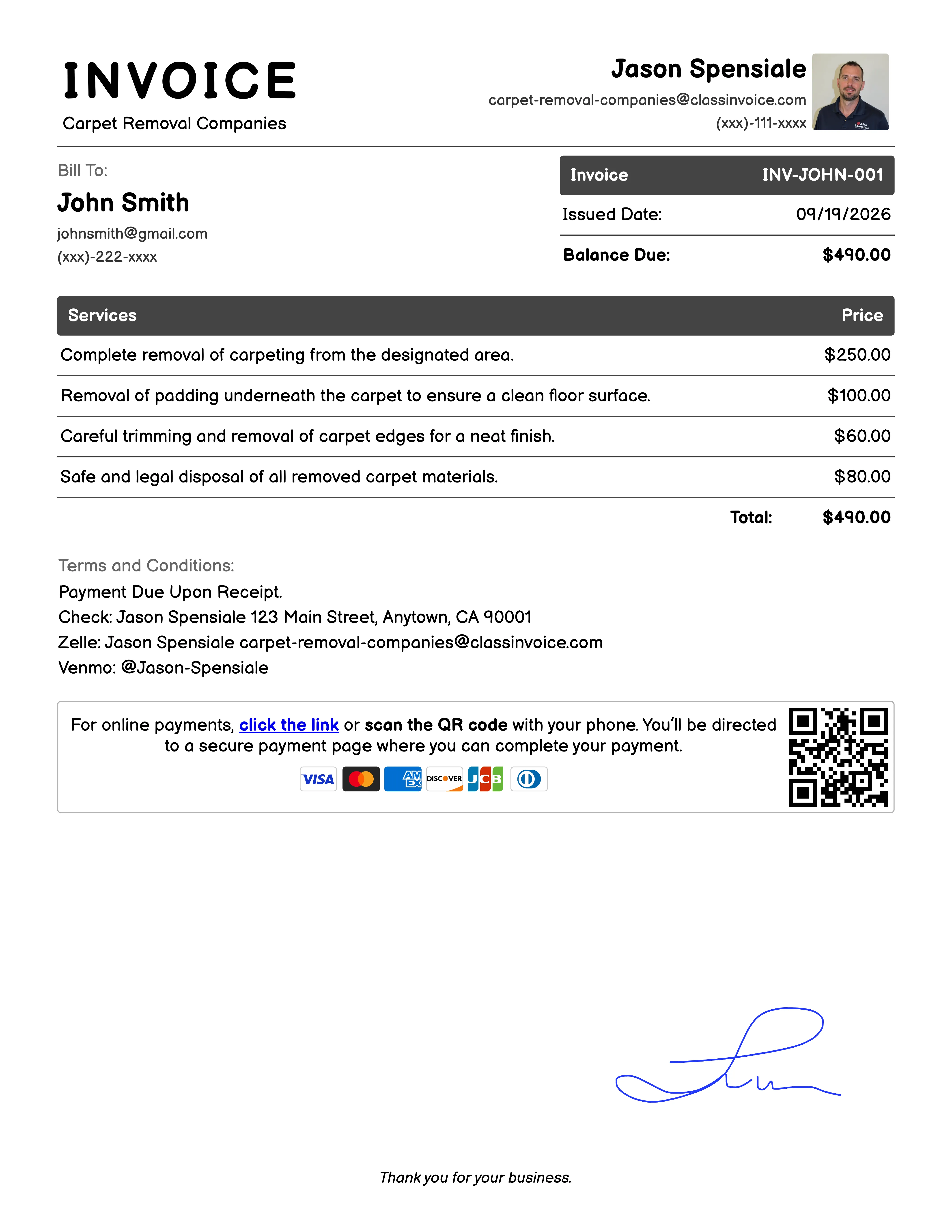Carpet Removal Companies Invoice Example