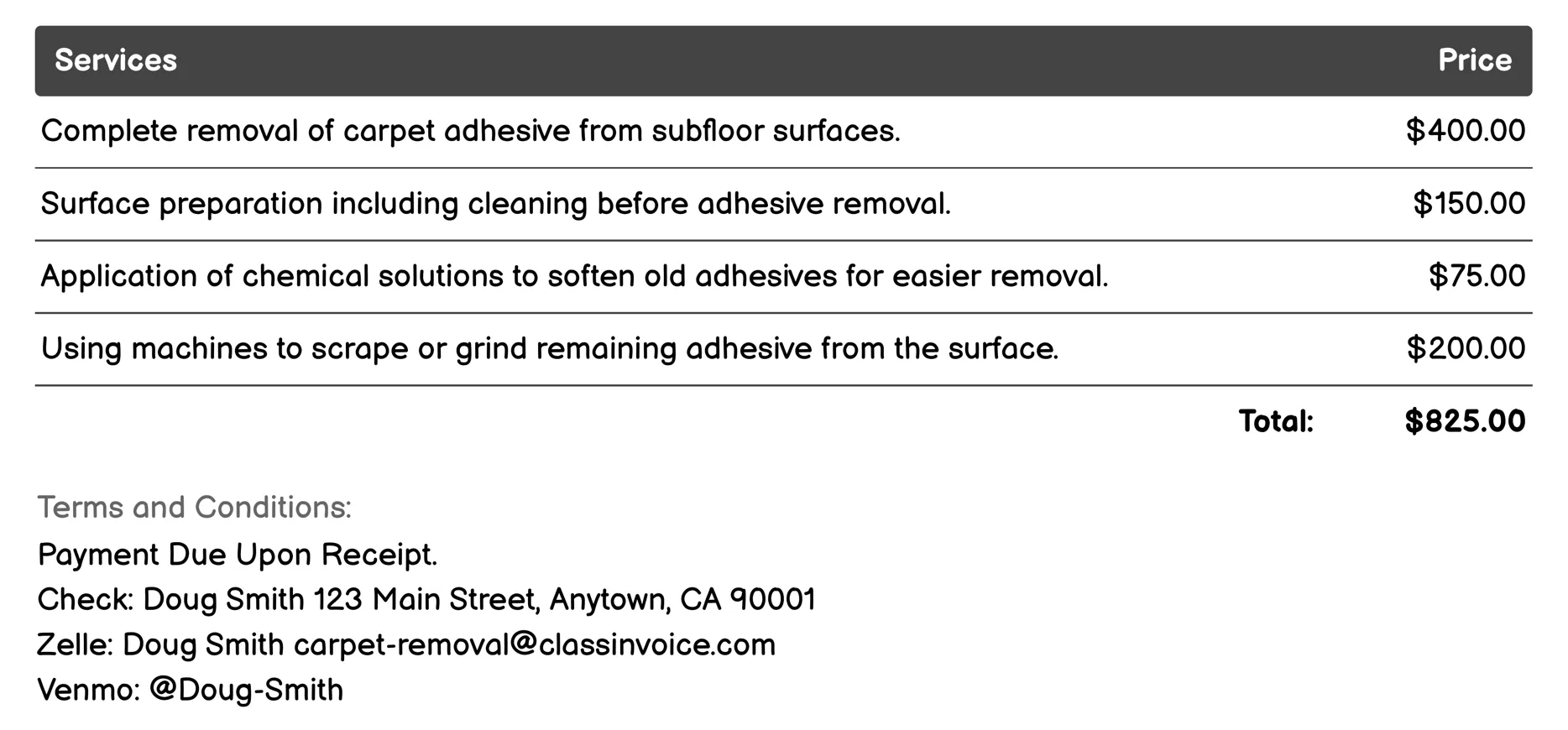 Carpet Glue and Adhesive Removal Invoice Example