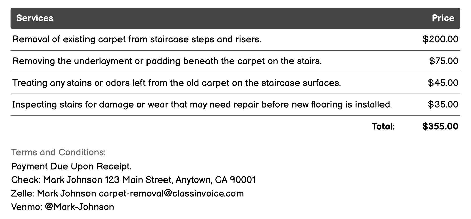 Staircase Carpet Removal Invoice Example