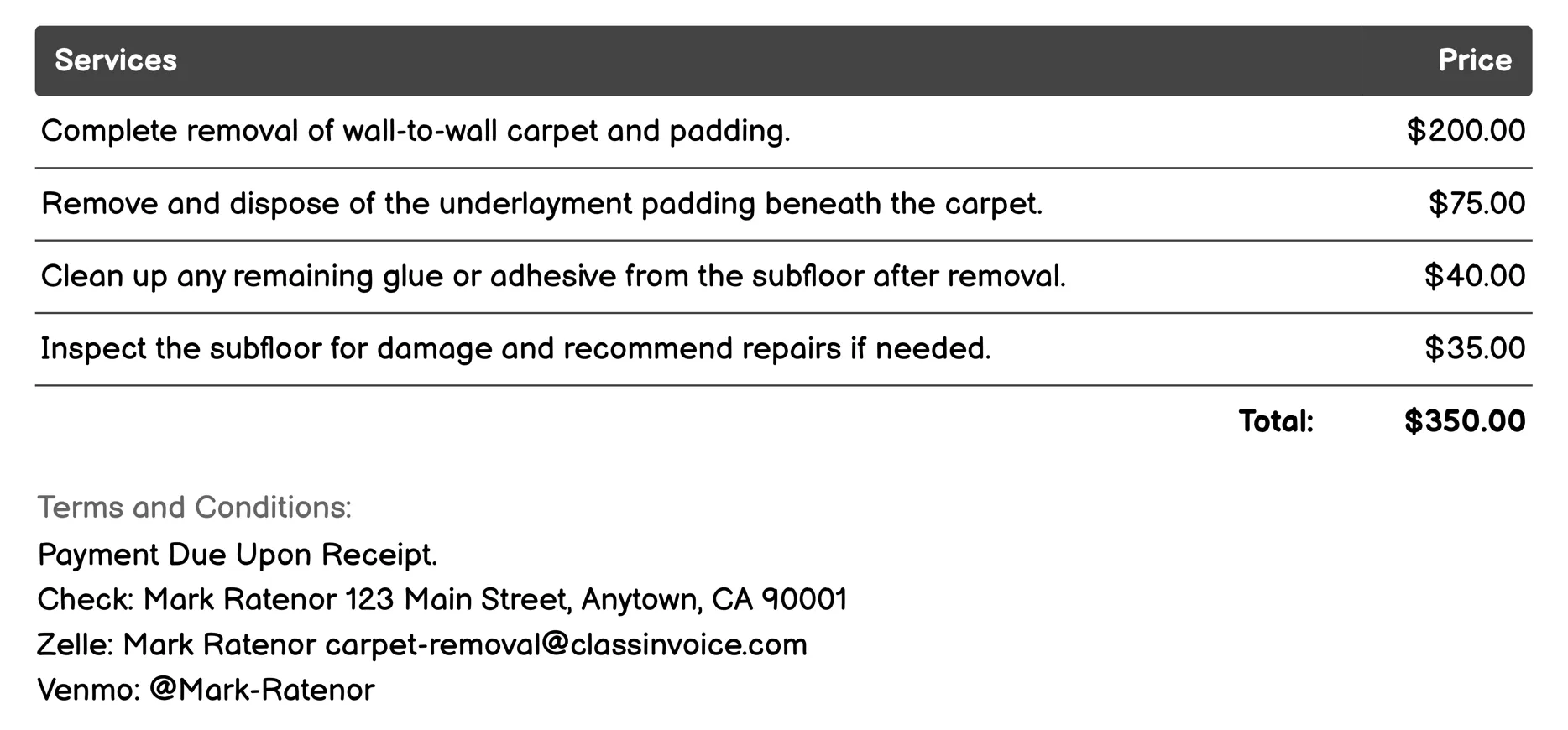 Wall-to-Wall Carpet Removal Invoice Example