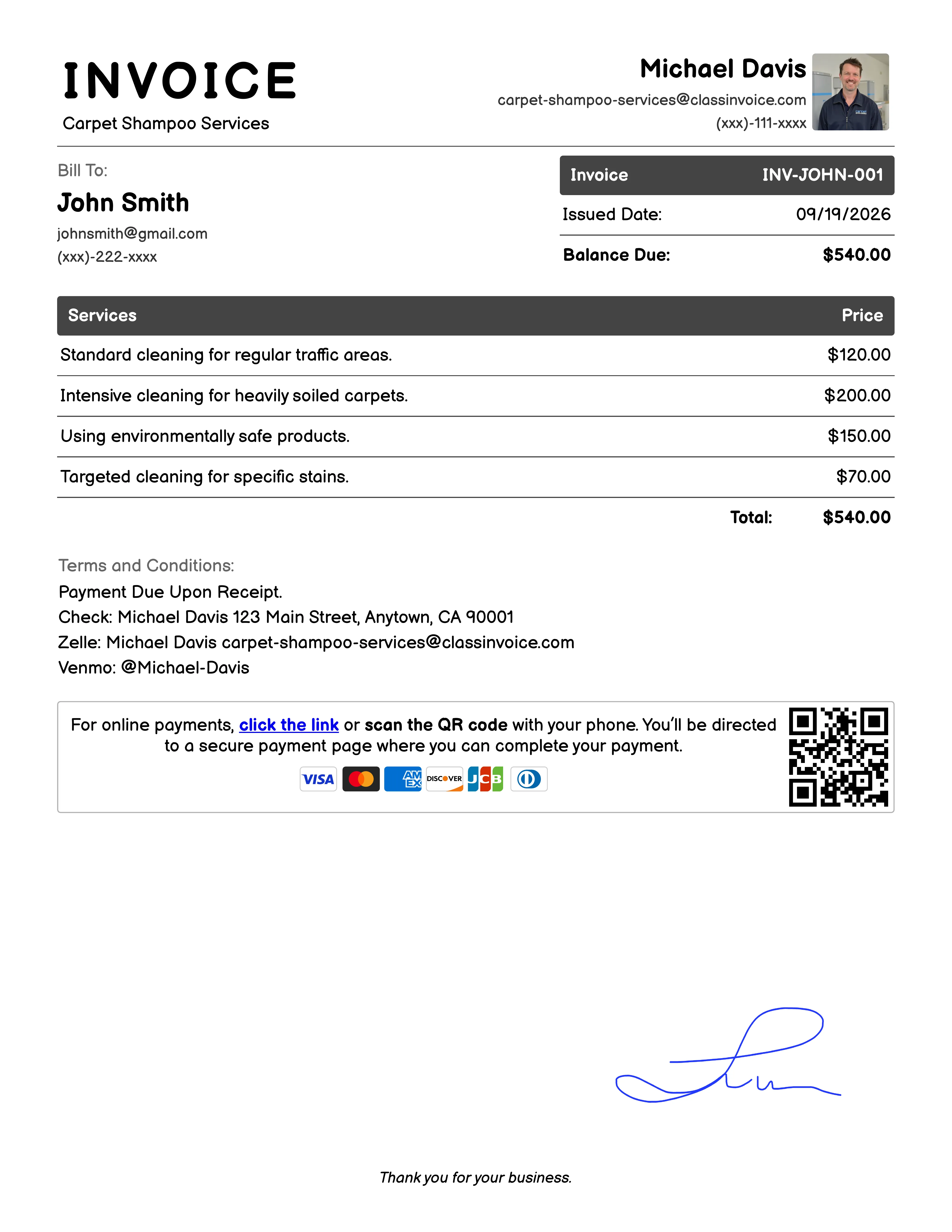 Carpet Shampoo Services Invoice Example