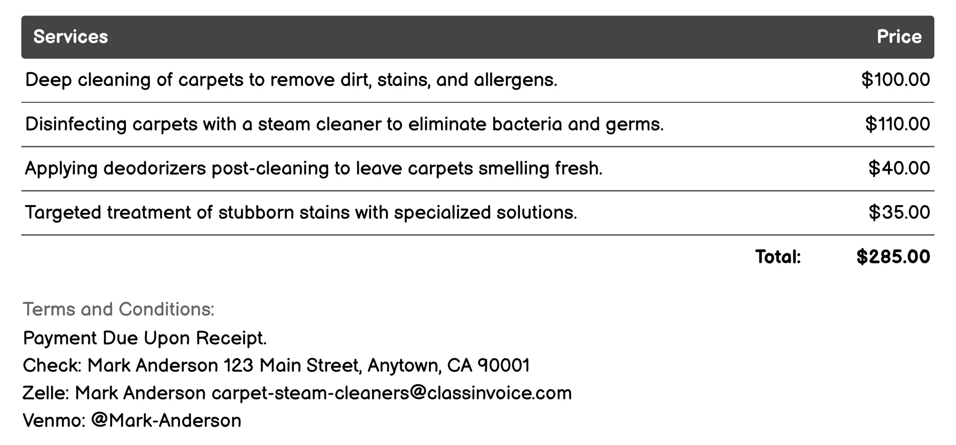 Carpet Sanitizing and Deodorizing Invoice Example