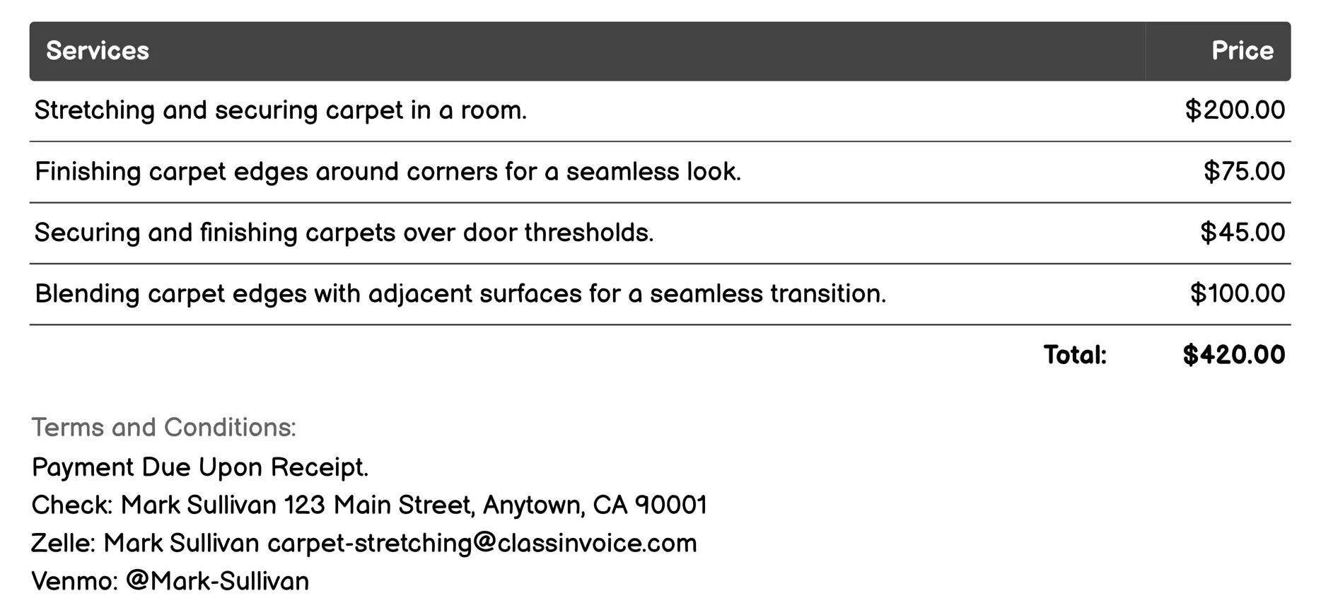 Edge Finishing Invoice Example