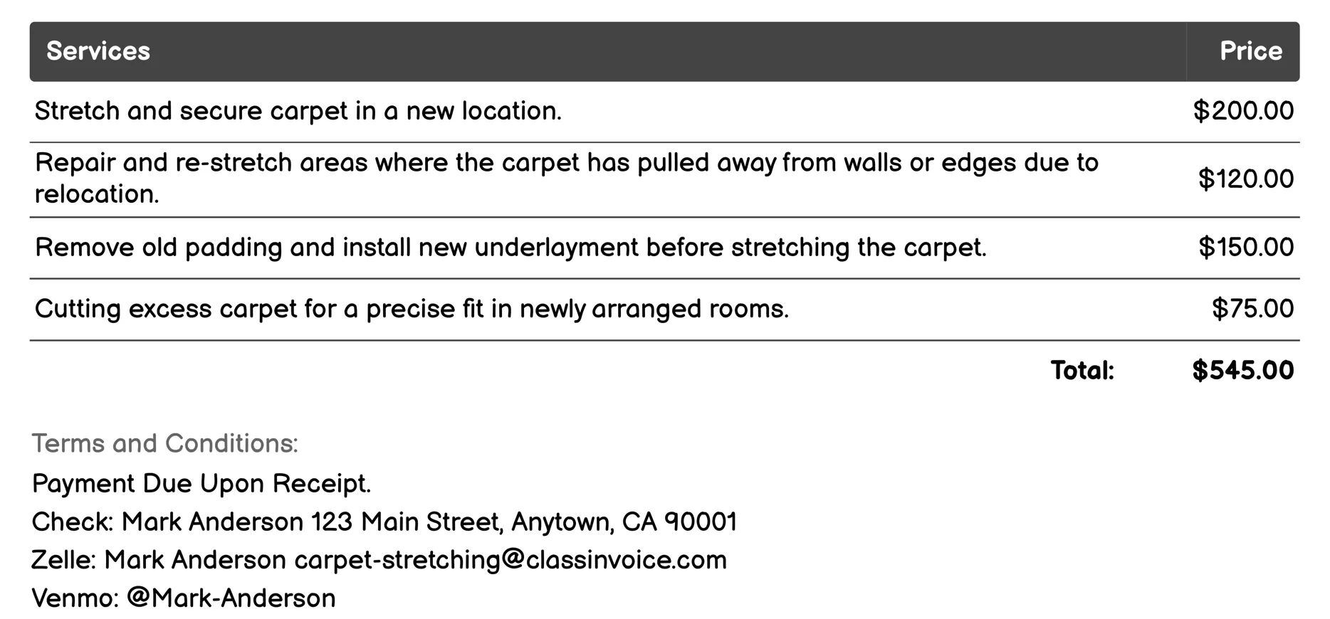 Relocation Invoice Example