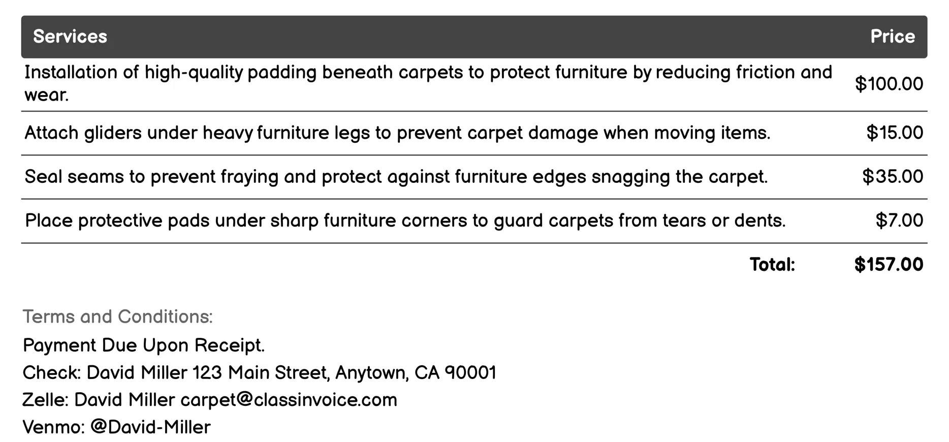 Furniture Protection Invoice Example