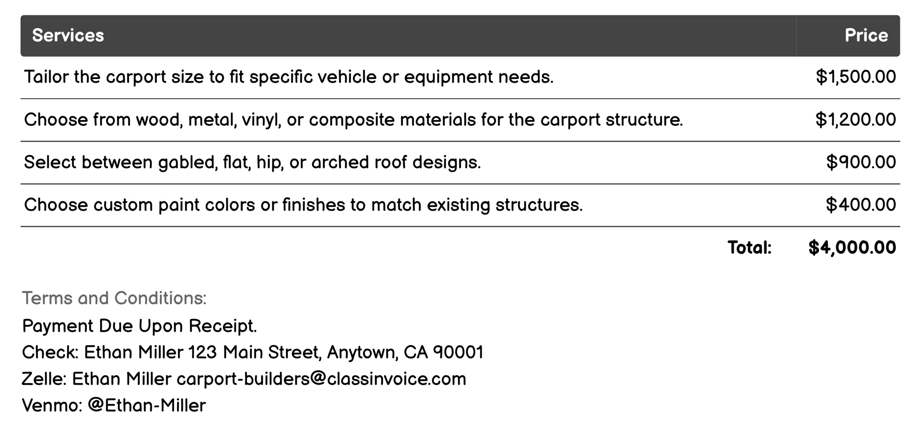 Customization Options Invoice Example