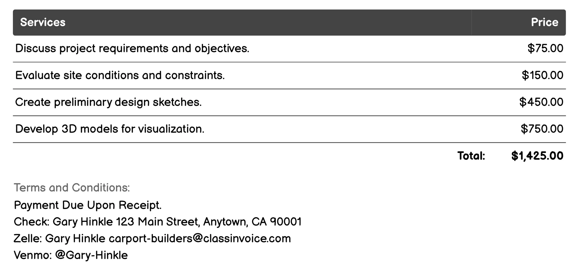 Design and Planning Invoice Example