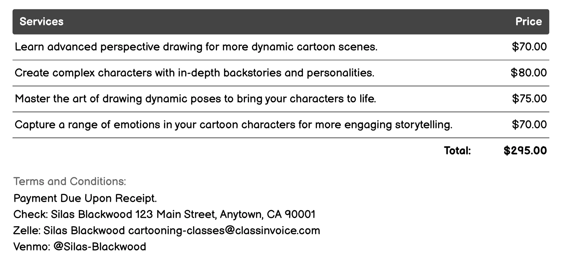 Advanced Cartooning Styles Invoice Example