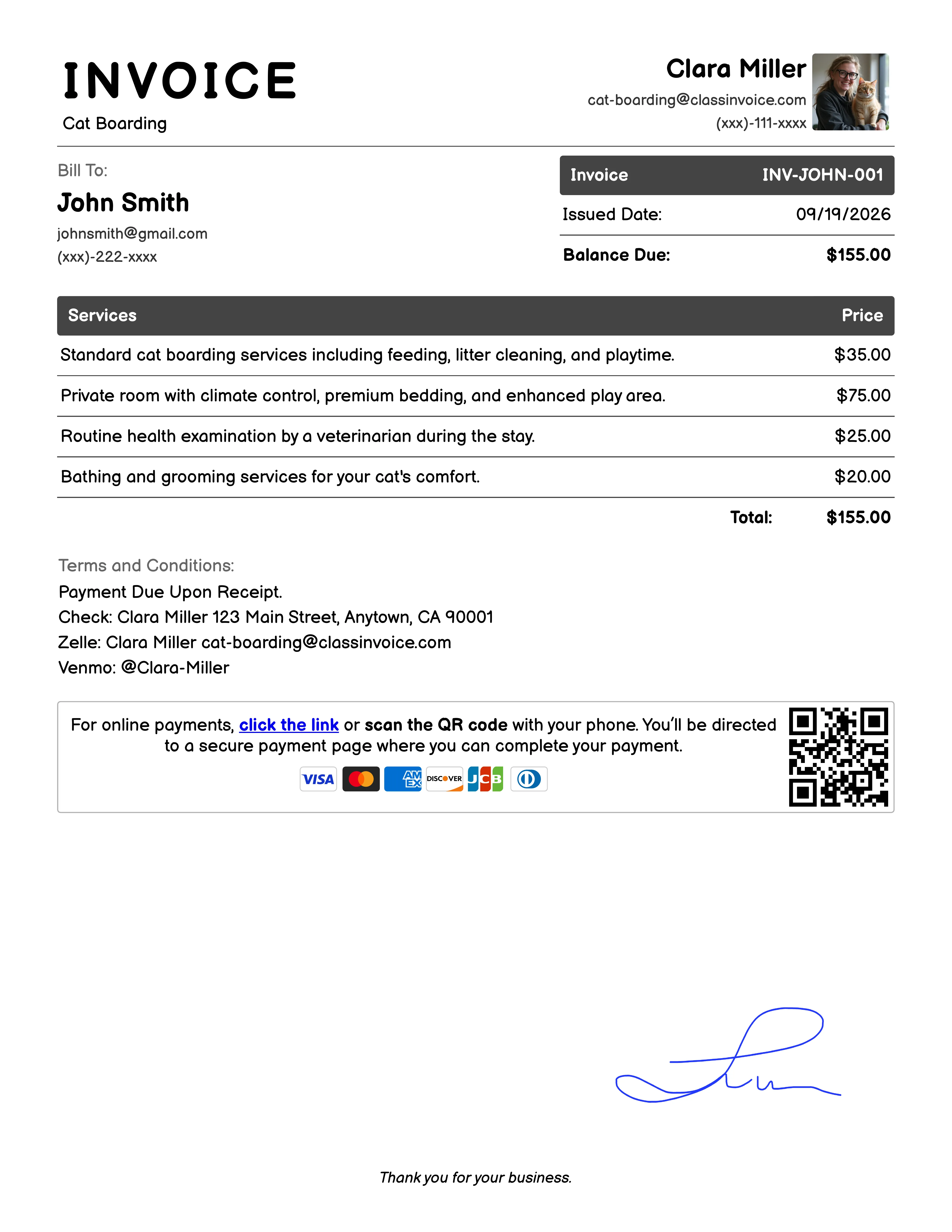 Cat Boarding Invoice Example
