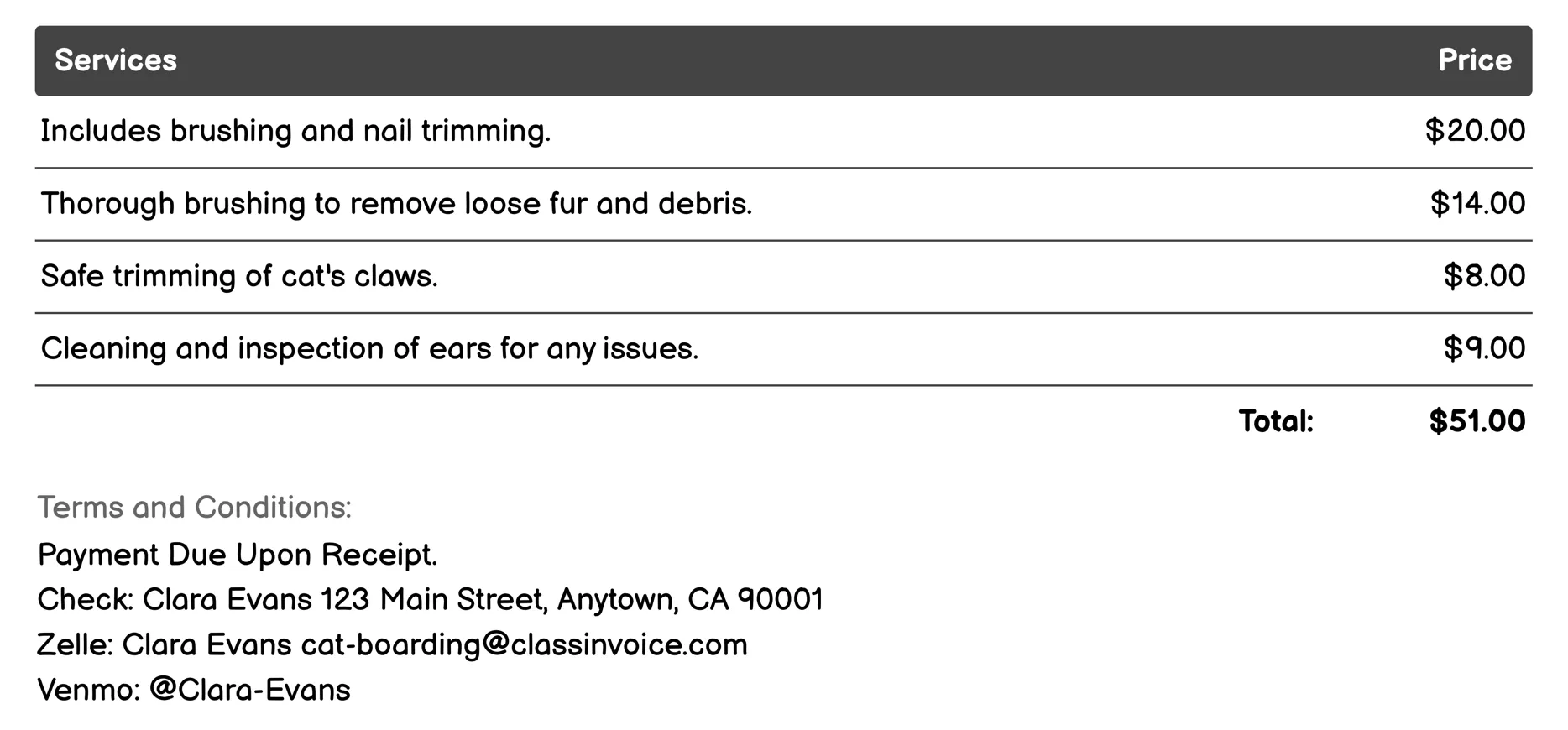 Grooming Services Invoice Example