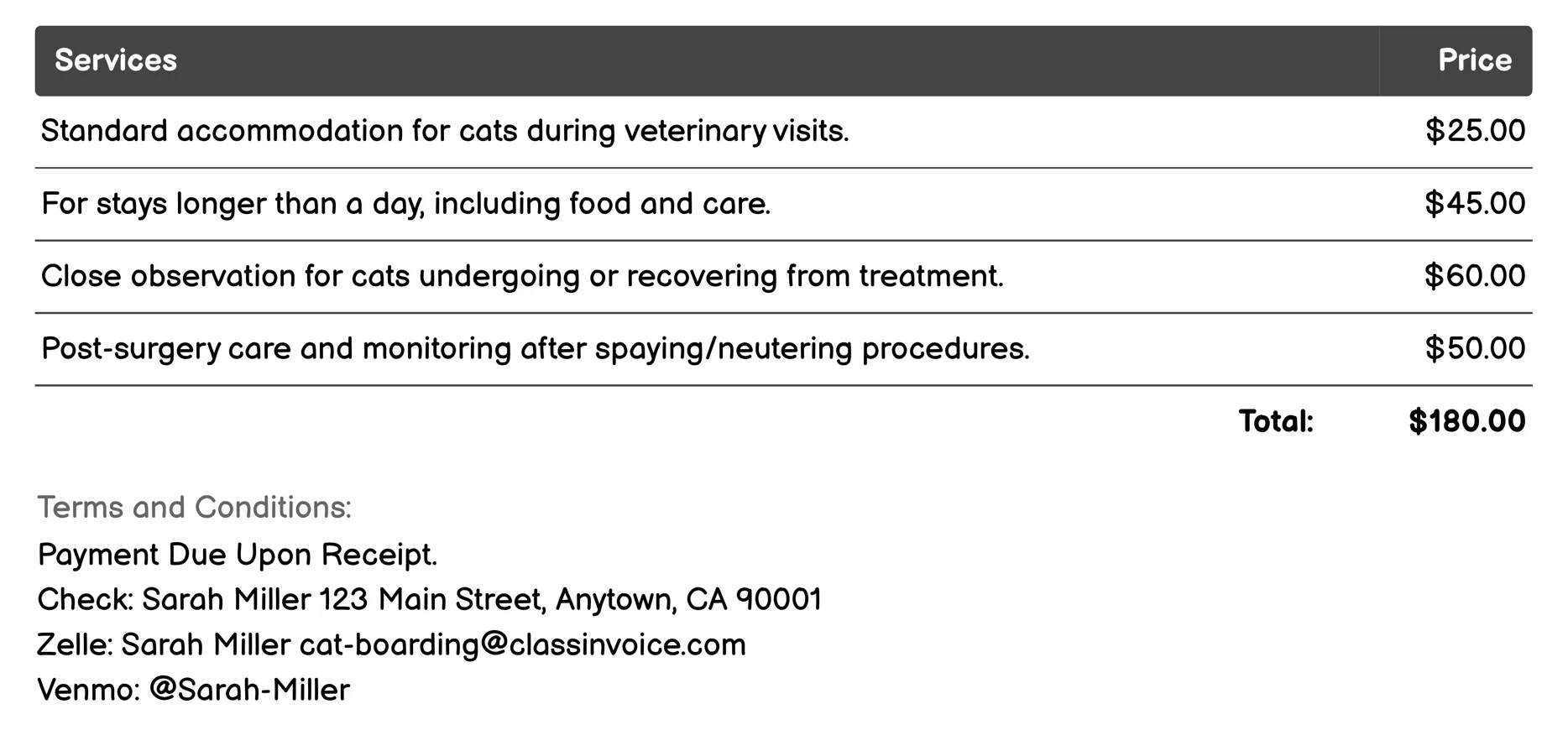 Veterinary Services Invoice Example