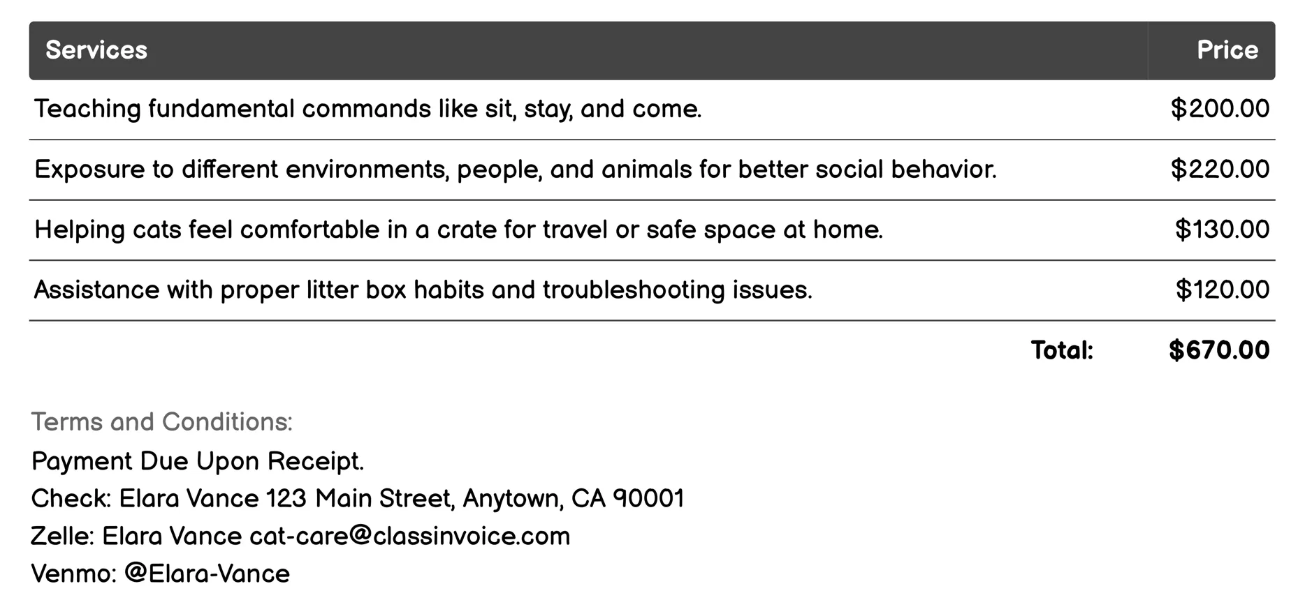 Behavioral Training Invoice Example