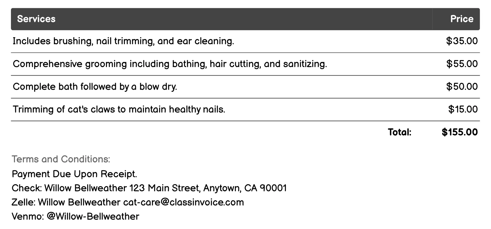Grooming Services Invoice Example