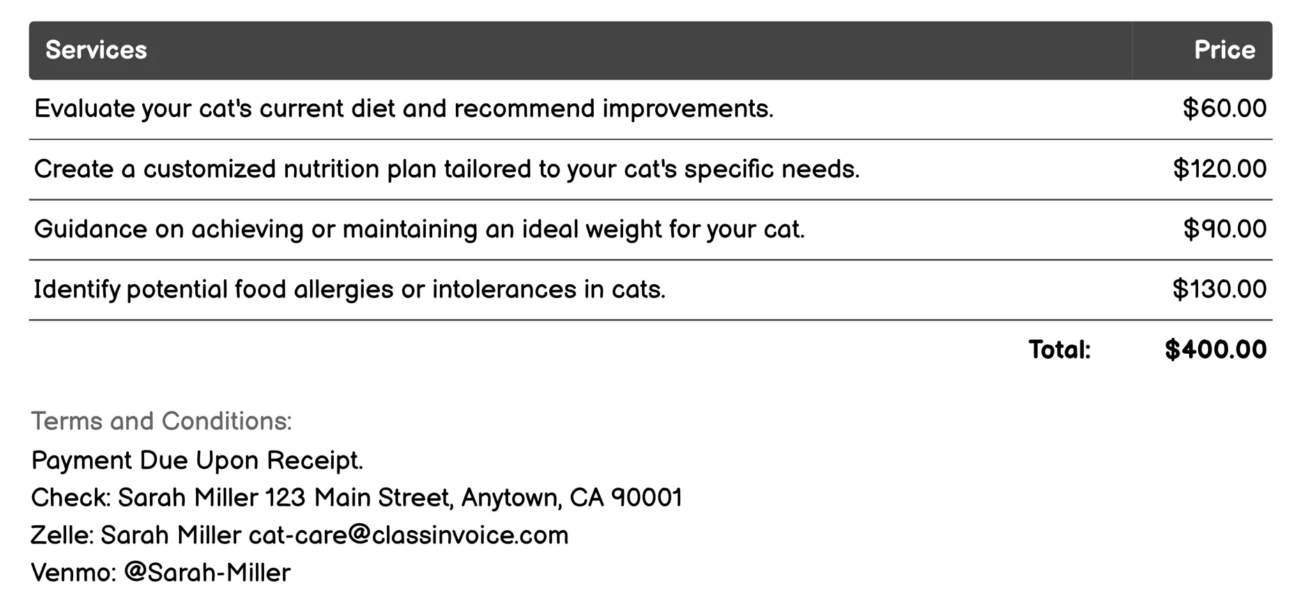 Nutritional Consulting Invoice Example