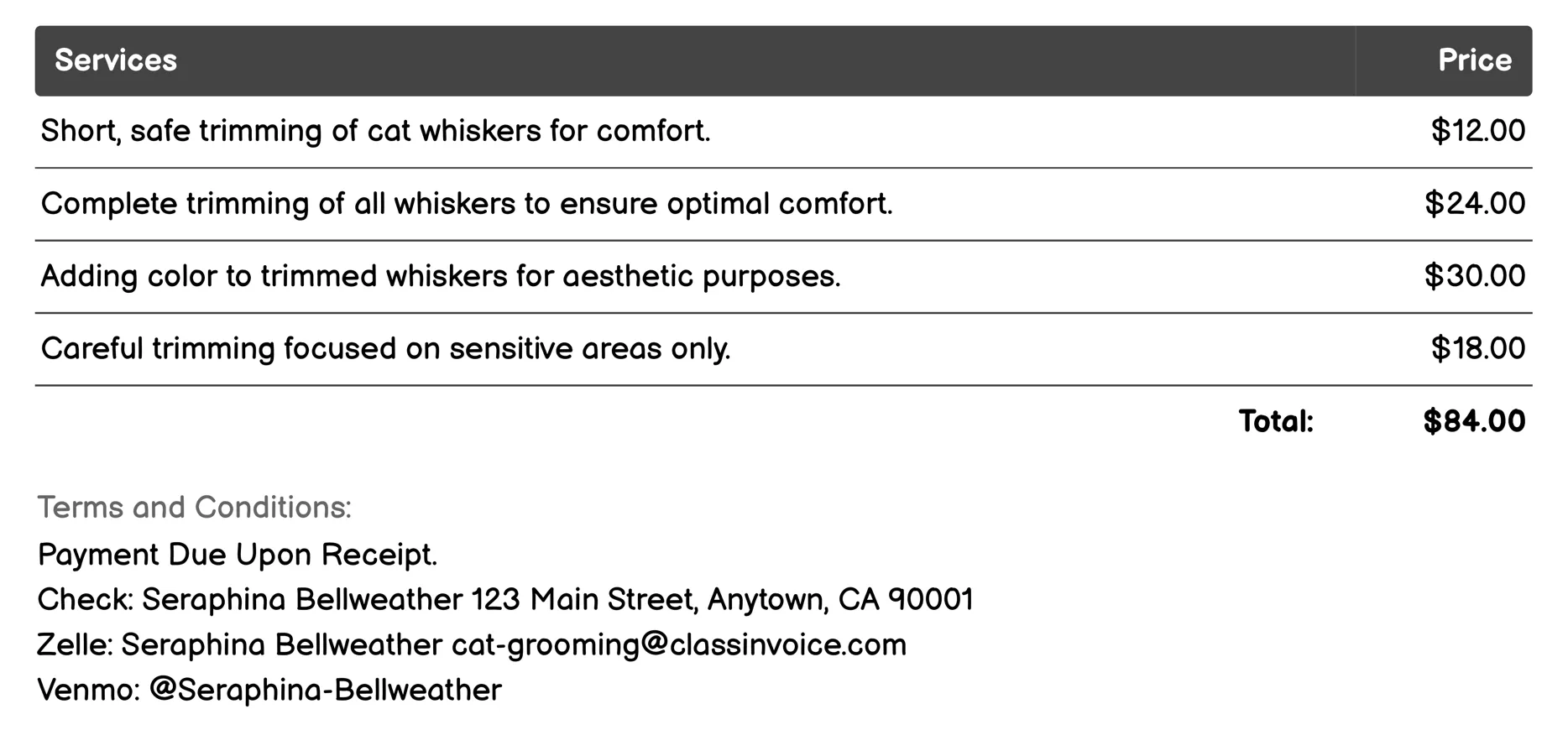 Whisker Trimming (if necessary) Invoice Example