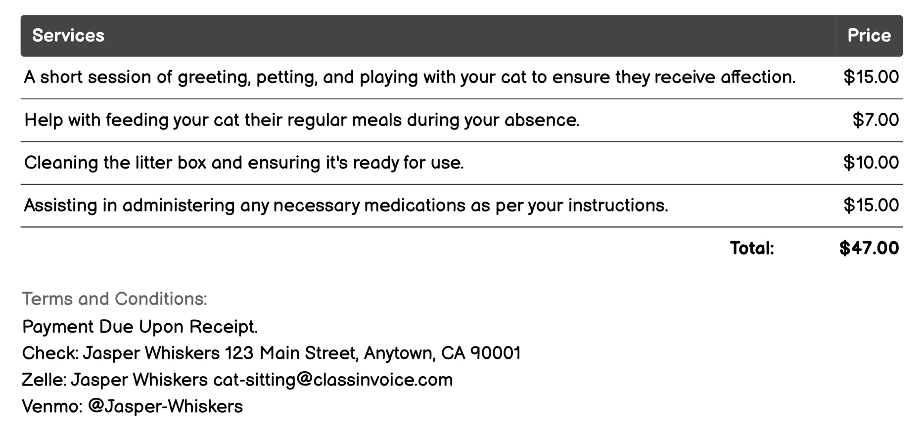 Companionship Visits Invoice Example