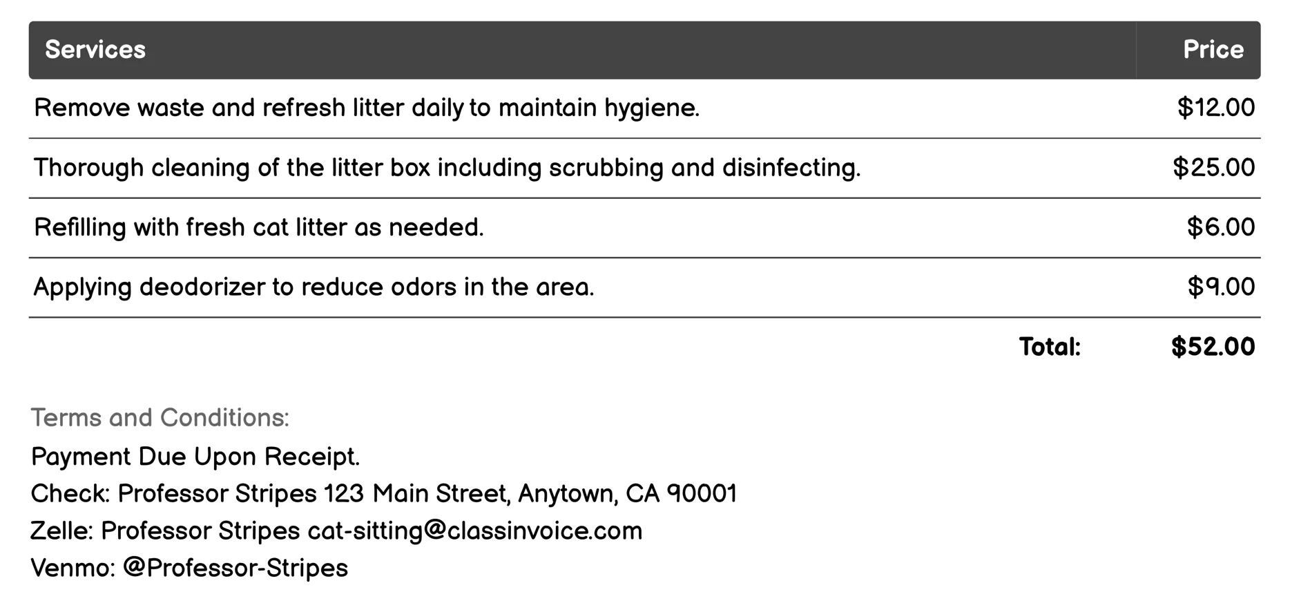 Litter Box Maintenance Invoice Example