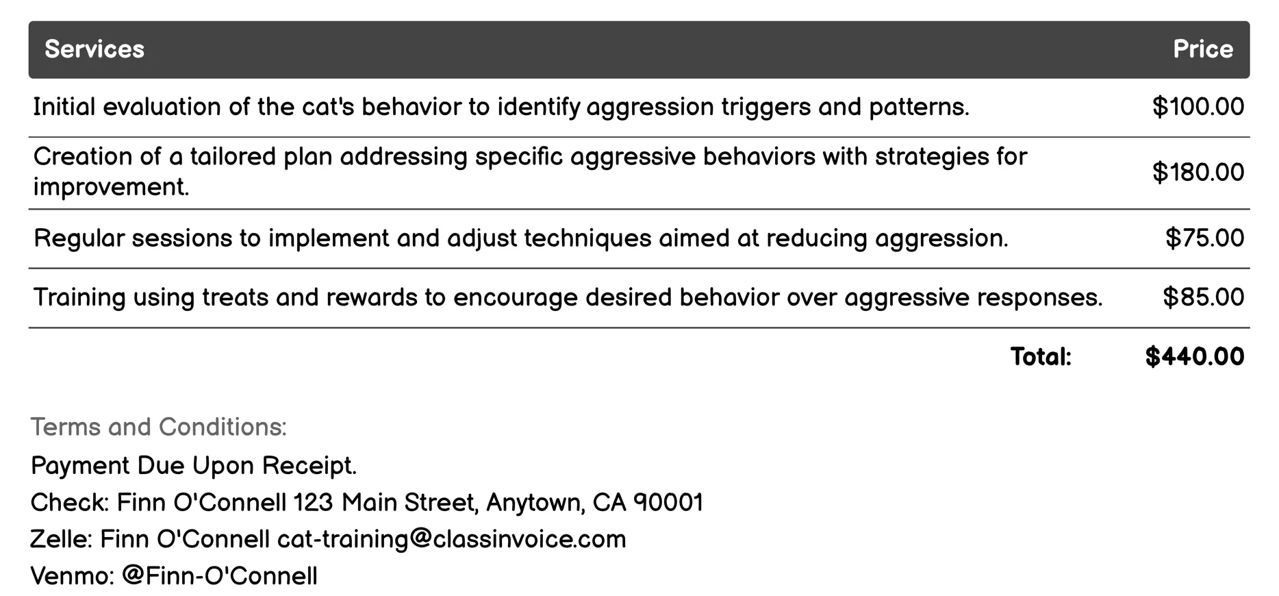 Aggression Reduction Invoice Example