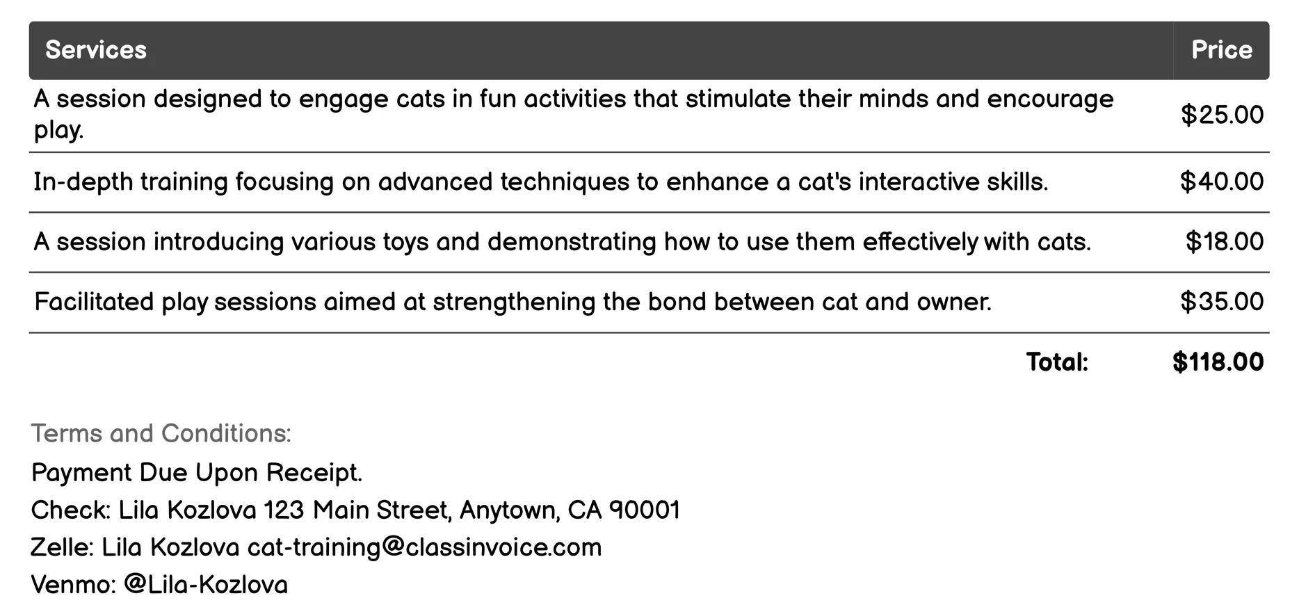 Interactive Play Sessions Invoice Example