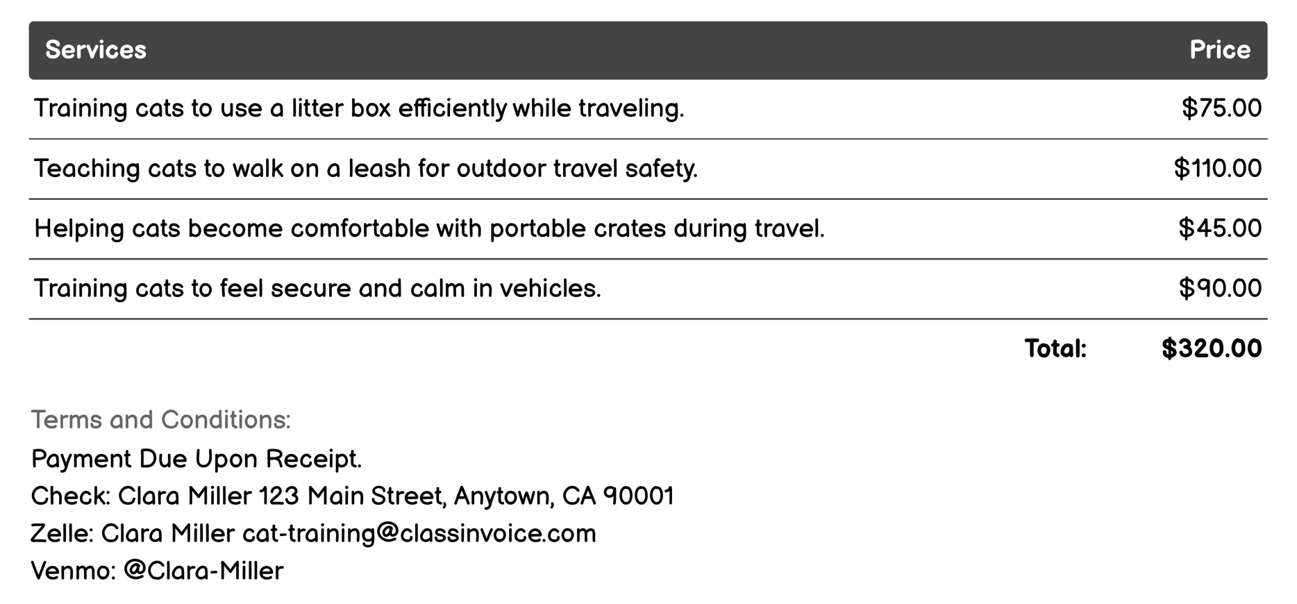 Travel Training Invoice Example