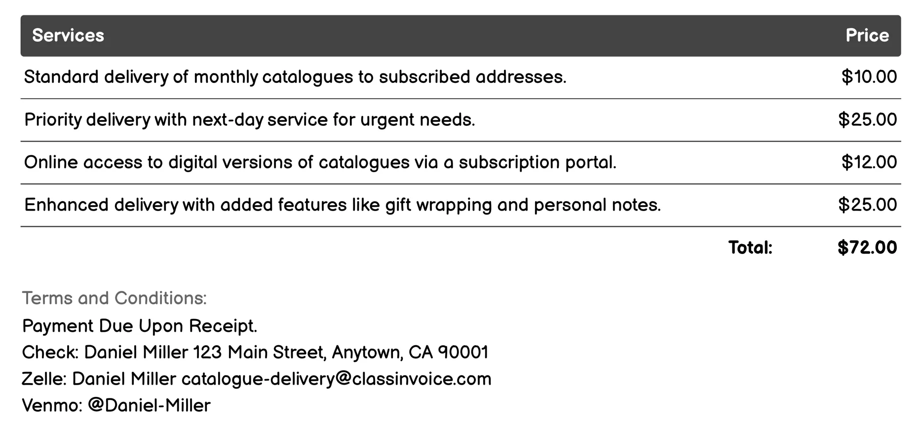 Subscription-based Delivery Invoice Example