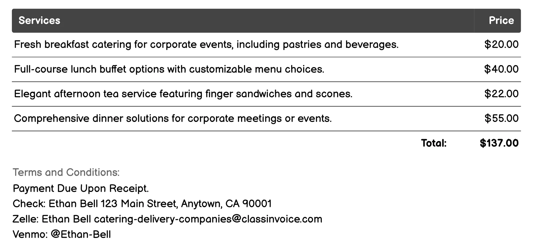 Corporate Catering Invoice Example
