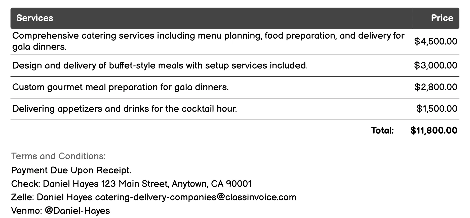 Gala Dinner Catering Invoice Example