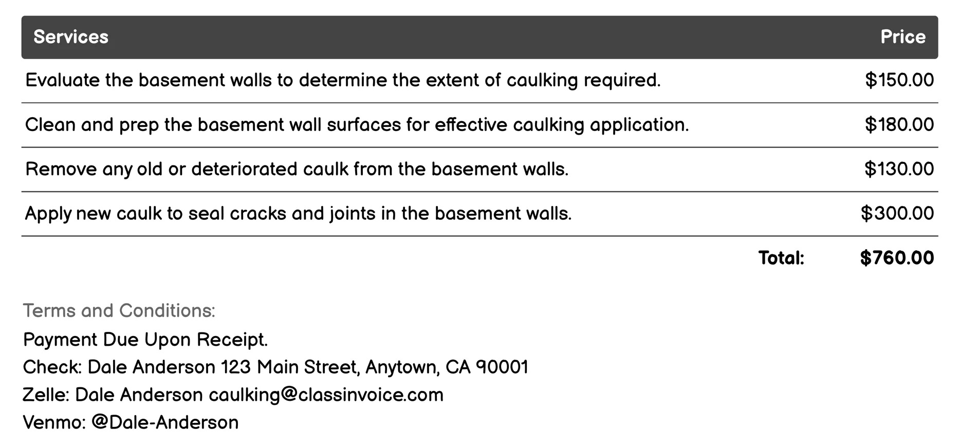 Basement Wall Caulking Invoice Example