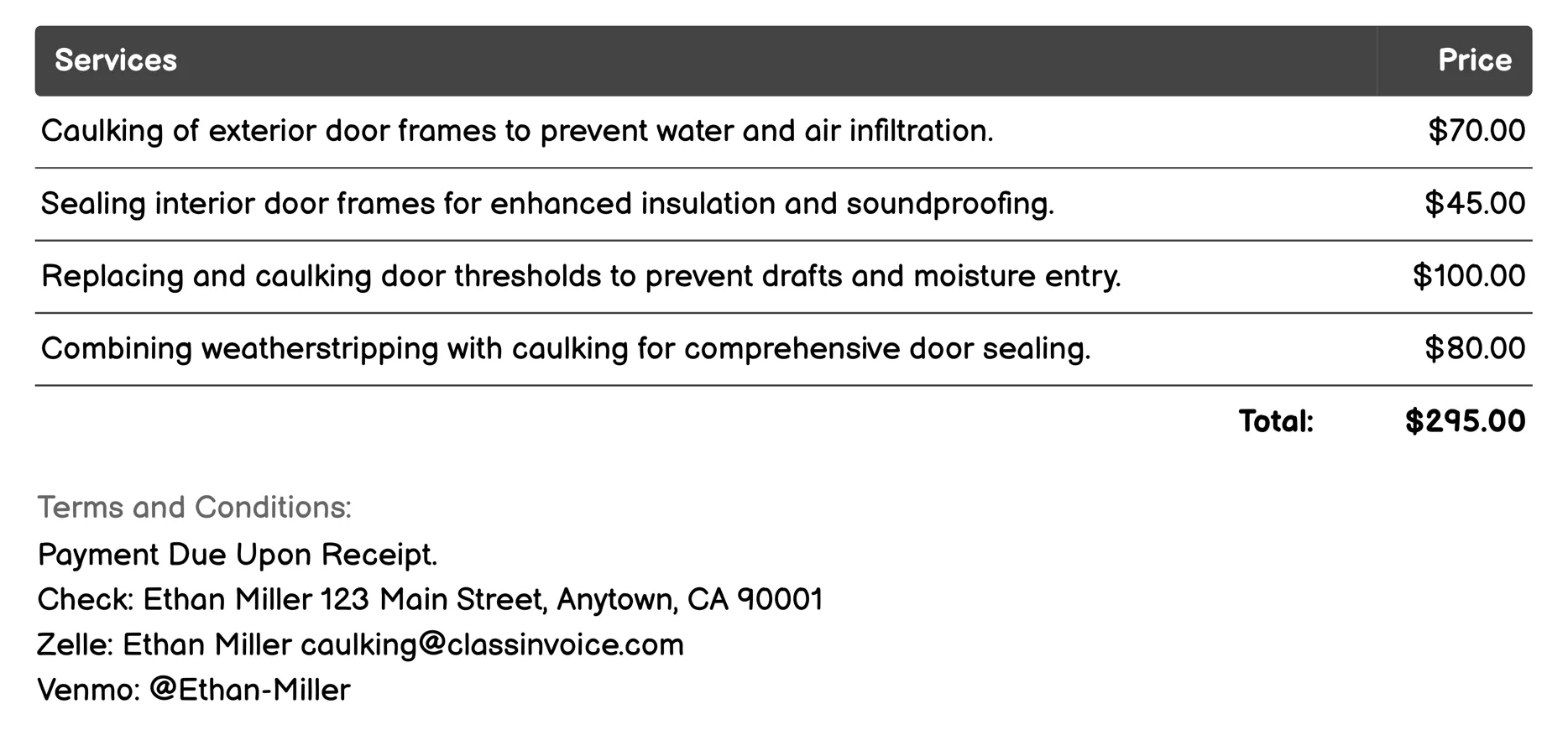 Door Frame Caulking Invoice Example
