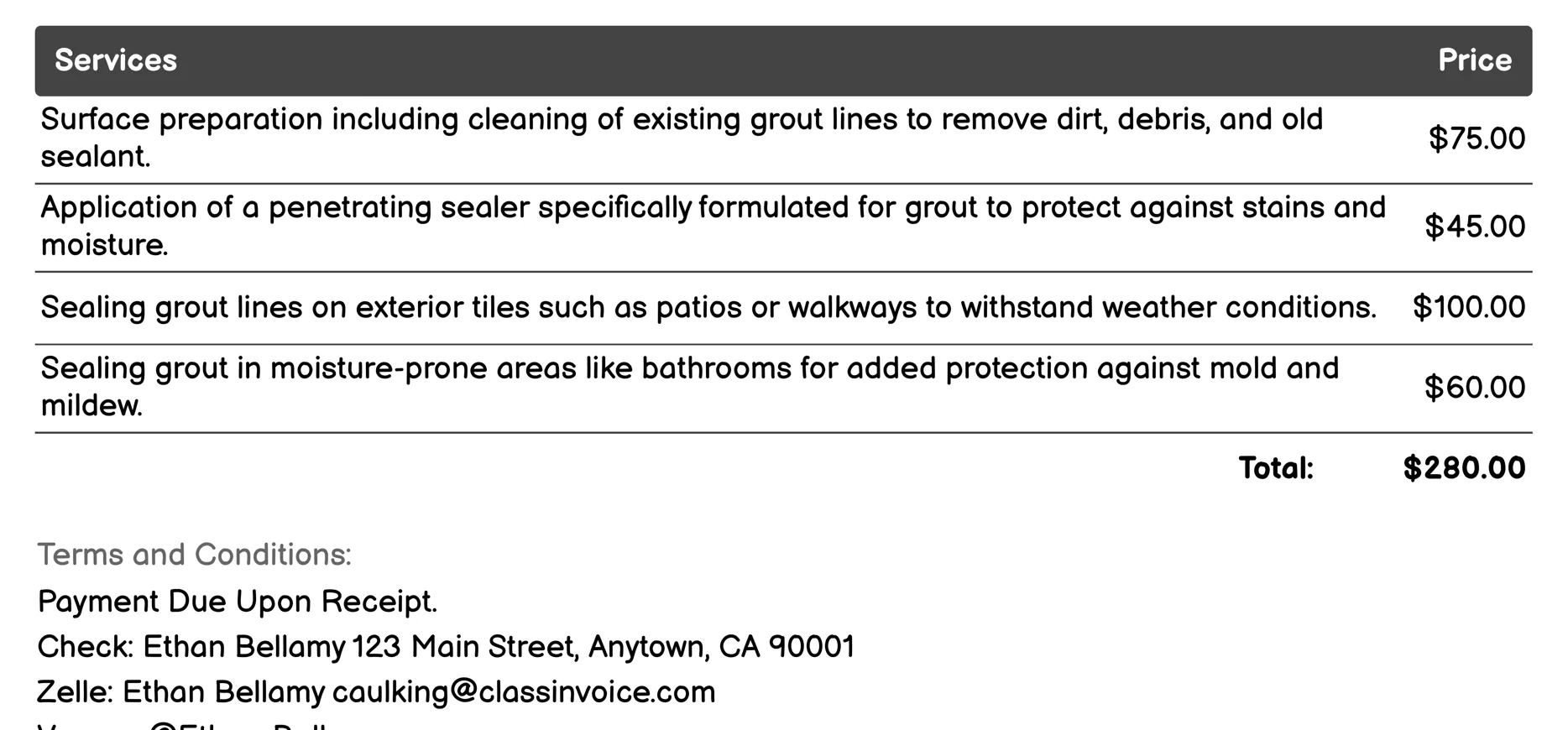 Tile Grout Sealing Invoice Example