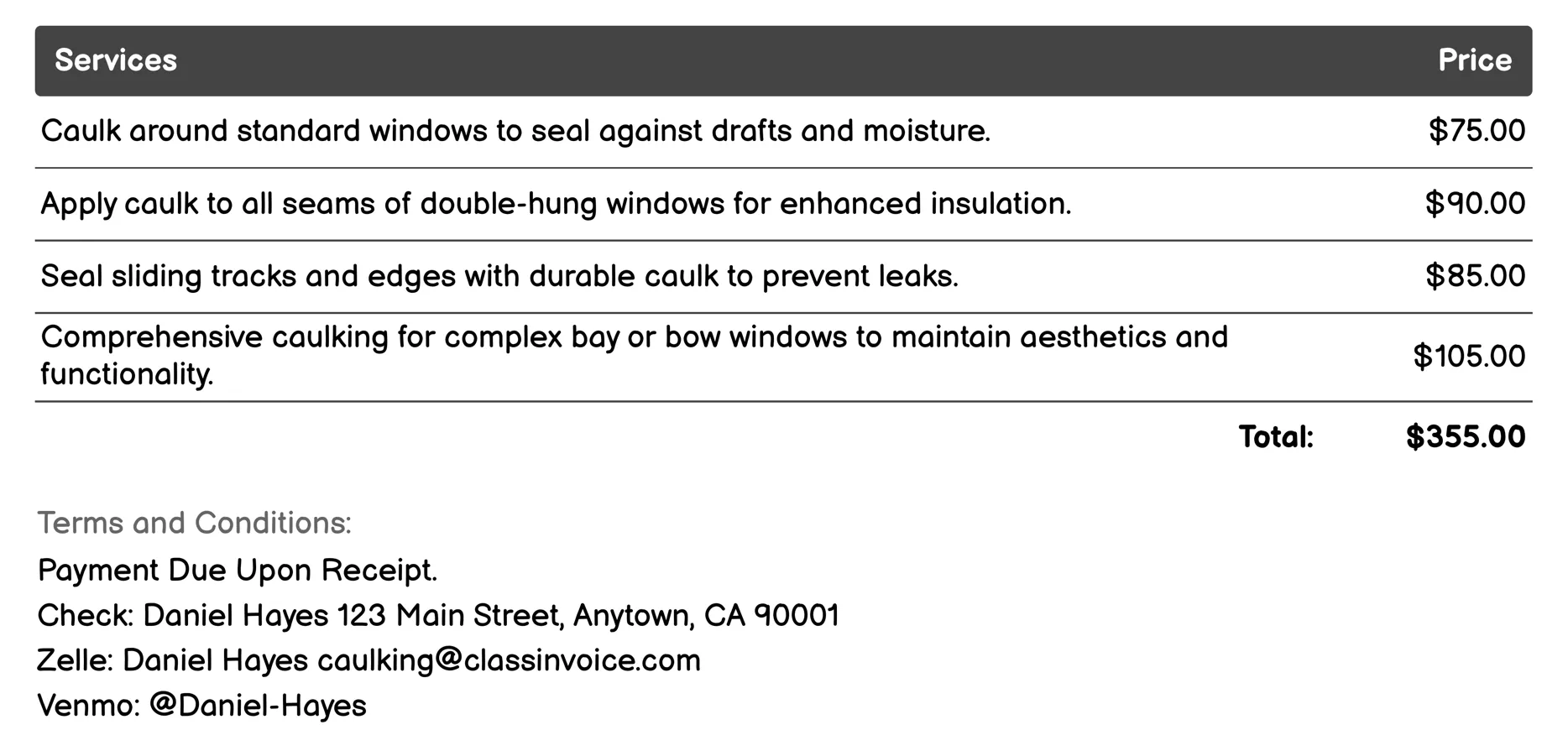 Window Caulking Invoice Example