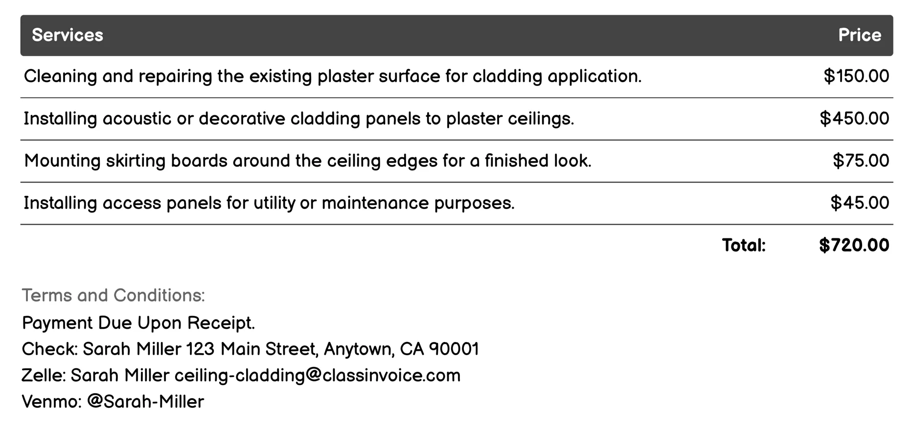 Plaster Ceilings Invoice Example