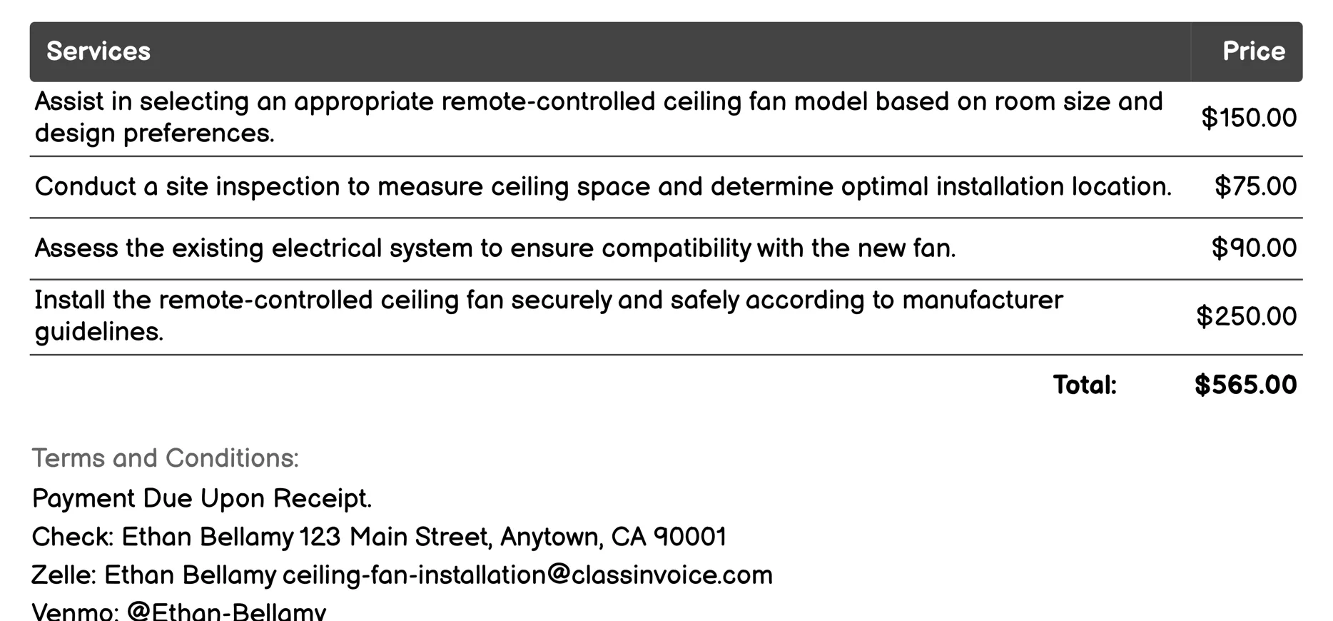 Remote-Controlled Ceiling Fan Installation Invoice Example