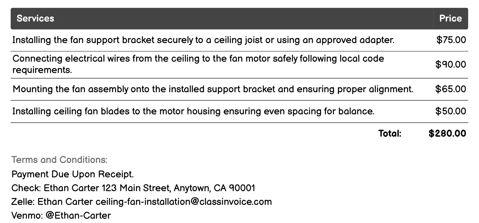 Standard Ceiling Fan Installation Invoice Example
