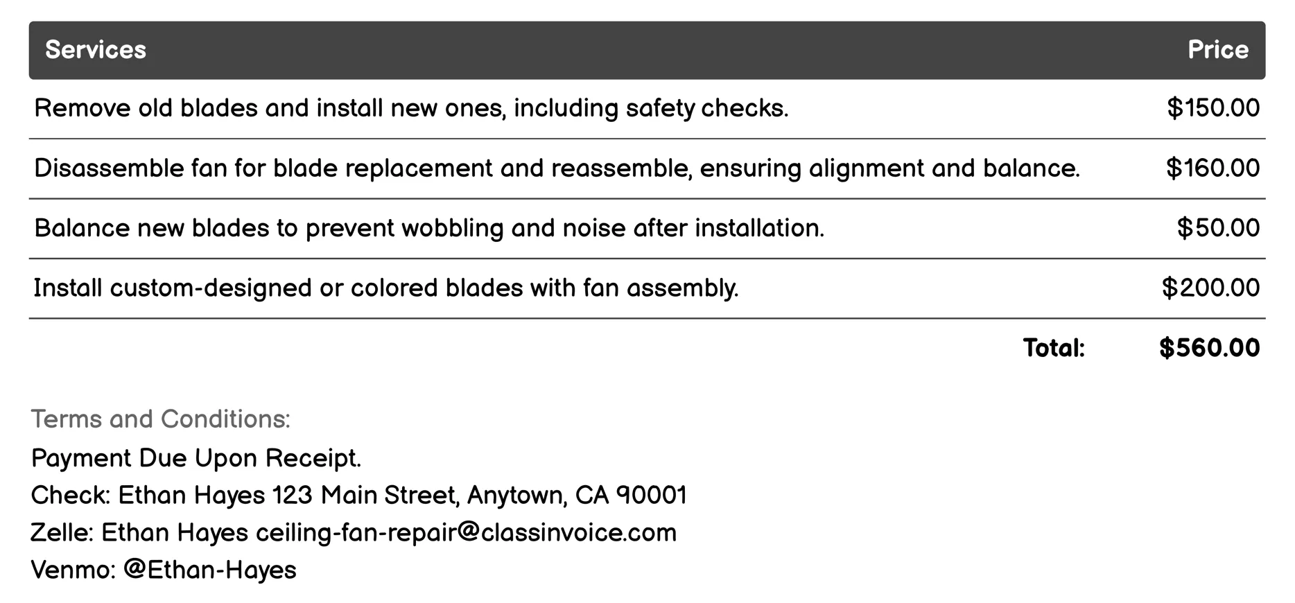 Blade Replacement Invoice Example